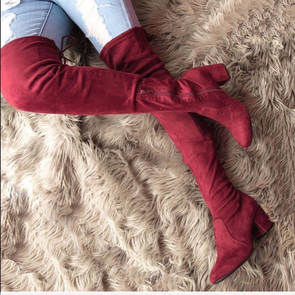 Burgundy Over The Knee Back Lace Kitten Heel Boot - Picture 5 of 5